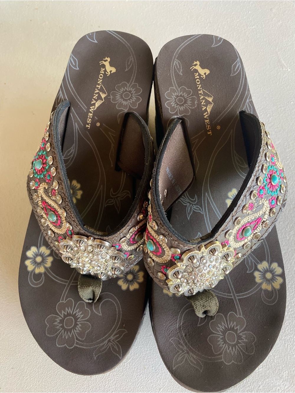Montana West Brown Wedge Sandals with Turquoise and Pink Accents